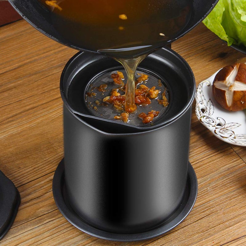 Cambom Bacon Grease Container with Fine Mesh Strainer, 1.3 L almost 6 Full Cups Iron Cooking Oil Can with Removable a Coaster Tray for Kitchen Fat Storage Black - Image 2